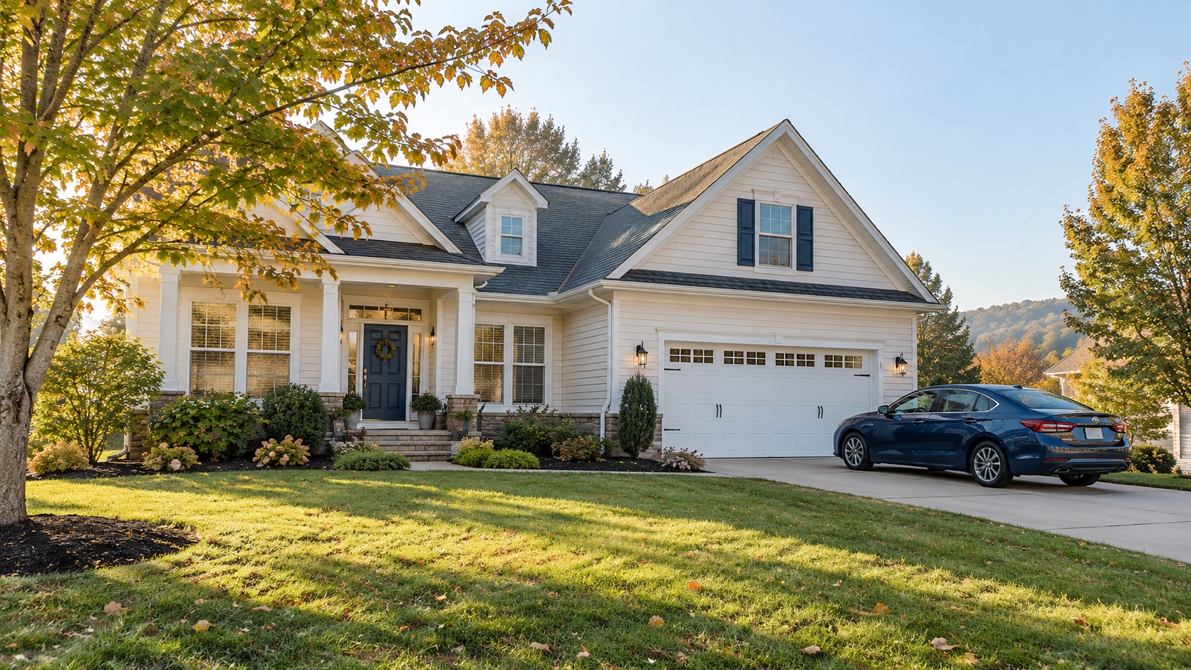 Illustrative home and blue sedan on an autumn morning